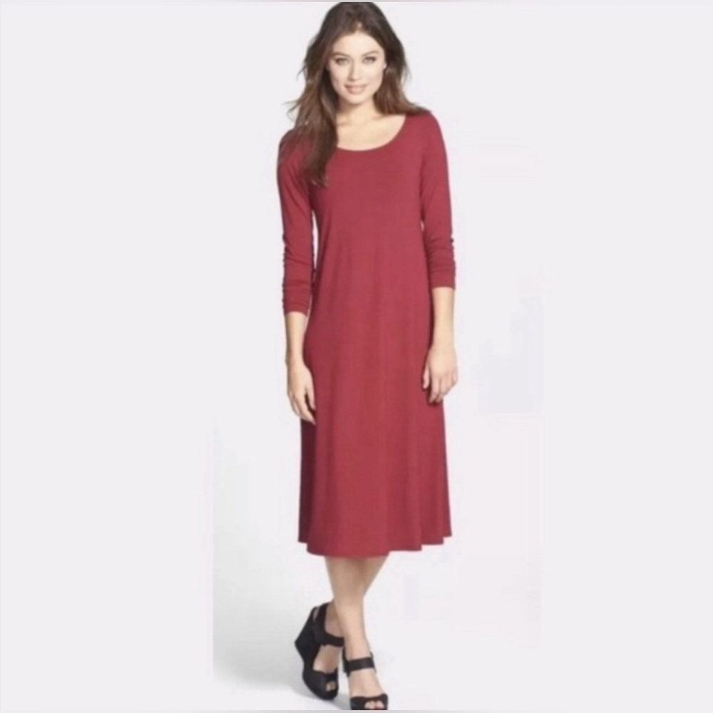 Eileen Fisher Jersey Midi Dress—Dark Red Scoop Neck Keyhole Back